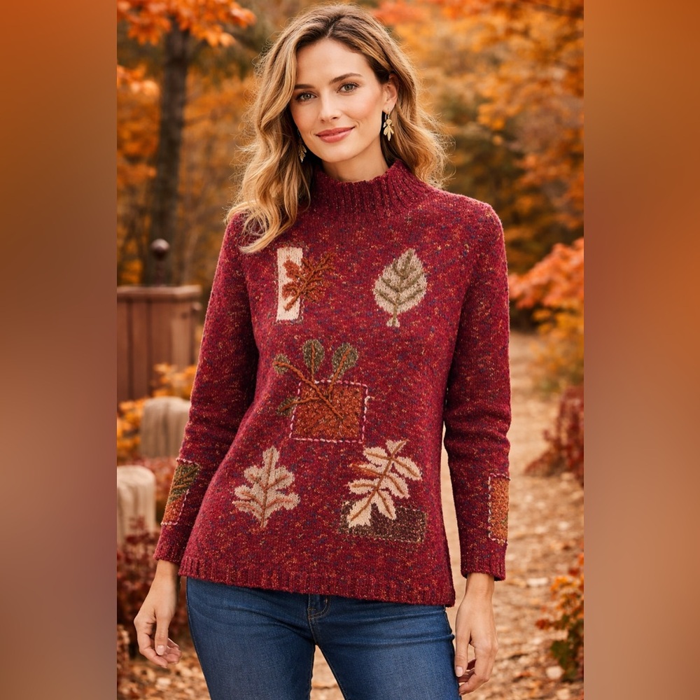 Coldwater Creek Textured Leaf Appliqué Sweater Size L Burgundy Cottagecore Boho